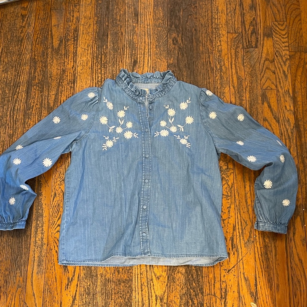 Sezane Denim Blue Shirt with White Embroidery